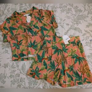 Monteau Tropical Print Shorts Set - Green and Orange